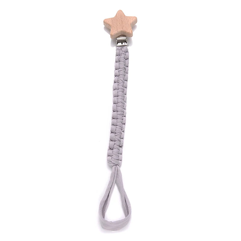 Cadena de chupete de bebé de tela de algodón de ganchillo Simple, Clip de madera de haya con forma de corazón y Luna para bebé hecho a mano, cadena para chupete, juguete para la dentición