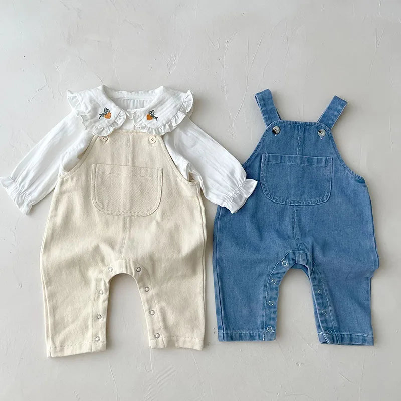 Traje de ropa para niños, conjunto de ropa para niñas pequeñas, camisa bordada de manga larga + mono vaquero, traje de ropa de otoño y primavera