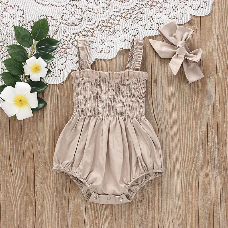 Pelele fruncido para bebé niña, ropa informal sin mangas para recién nacido con diadema, mono de verano, traje bonito para niño pequeño
