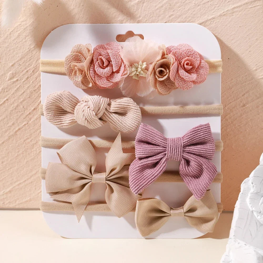 5 unids/lote, diadema elástica de nailon para bebé, banda para la cabeza con lazo de encaje y flores para recién nacido, accesorios suaves para el cabello para niña pequeña