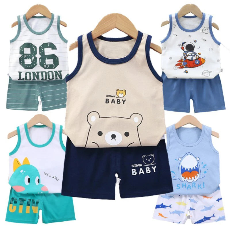 Conjunto de 2 piezas de chaleco y pantalones cortos transpirables de algodón para niños y niñas, chándal de verano con estampado de dibujos animados, ropa informal, traje de 1 a 6 años