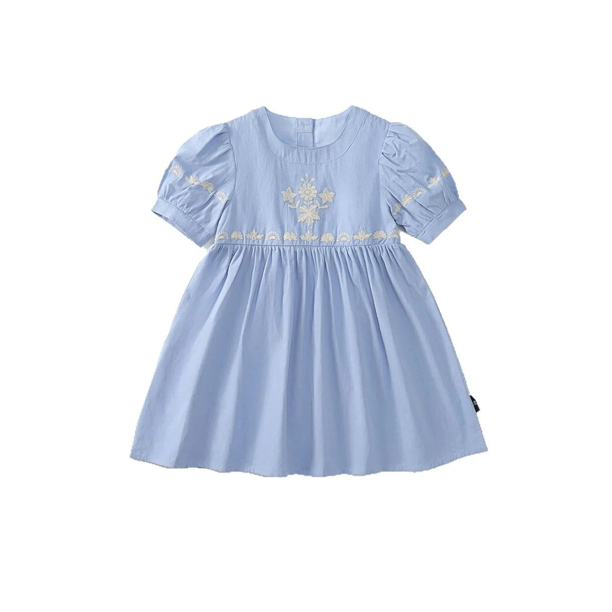 Vestido de Verano 2025 para Niña – Bordado Azul Cielo, Estilo Princesa con Mangas Cortas Abullonadas