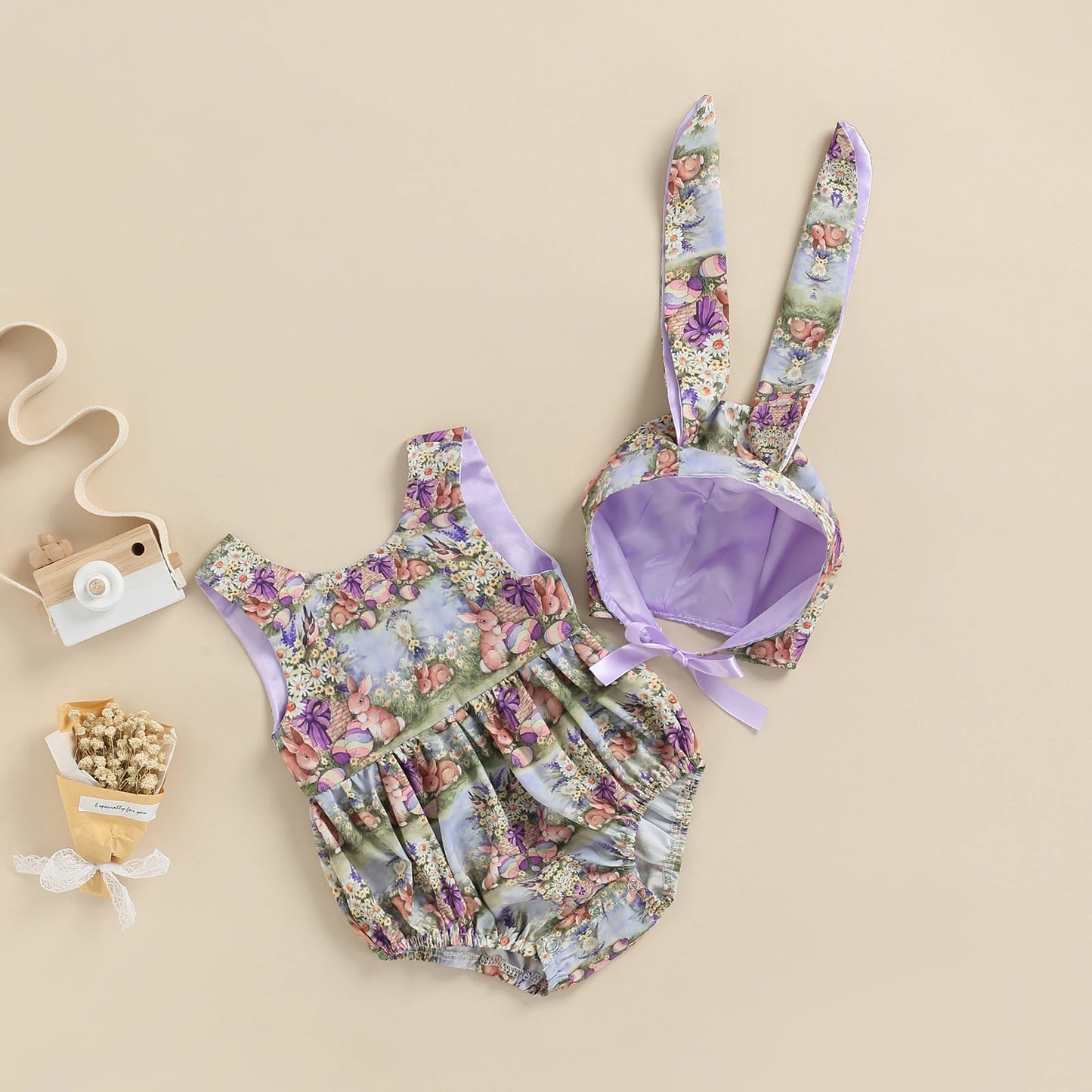 Traje de dos piezas para bebé y niña, pelele sin mangas con cuello redondo y espalda descubierta y gorro de corbata, estampado de conejo de Pascua