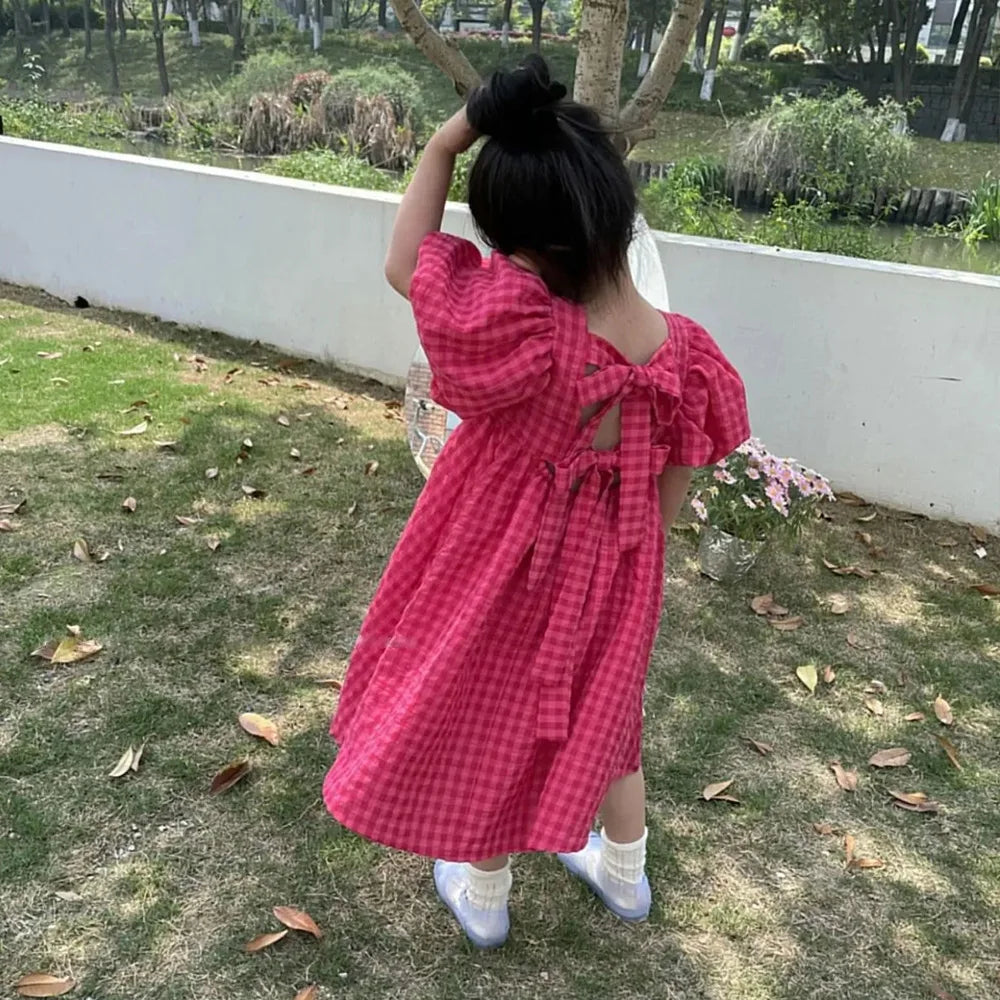 Bear Leader-vestido rosa a cuadros con lazo, elegante vestido Midi de Lolita para niñas grandes, vestidos para niños y adolescentes, vestido veraniego de princesa para fiesta