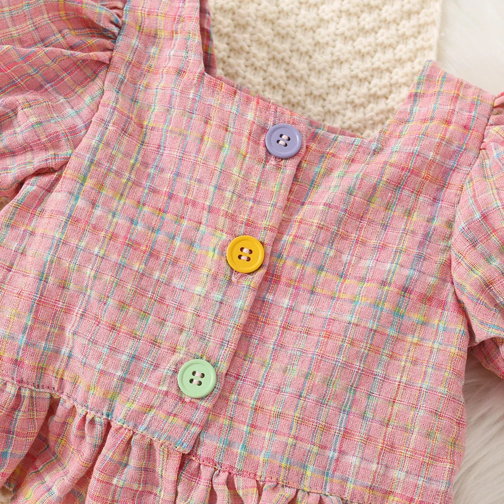 Conjunto de dos piezas de algodón a cuadros para niña, Top de manga de burbuja y pantalones cortos, estilo princesa, verano, 0 a 3 años