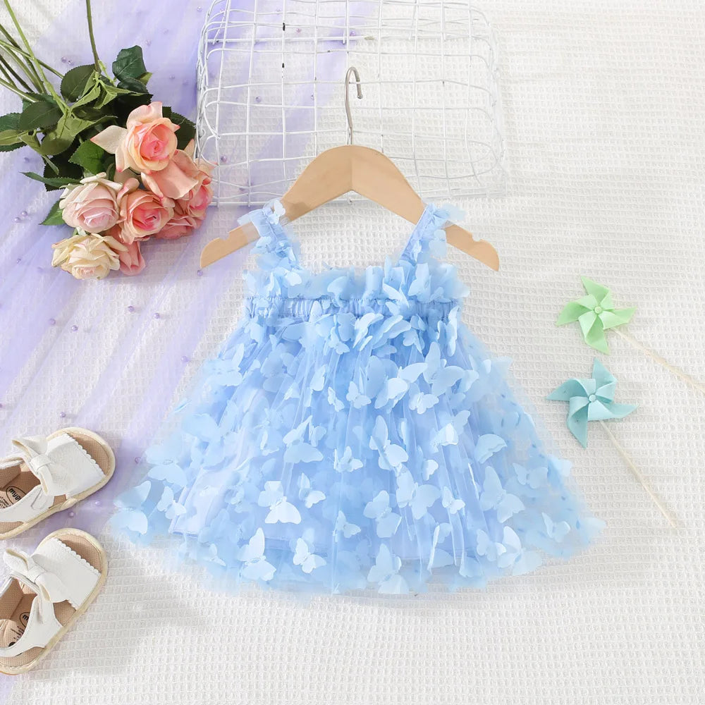 (0-3 años) novedad de verano, vestido para niñas, Color sólido, Halter, mariposa adornada, falda acampanada, vestido de princesa dulce de malla
