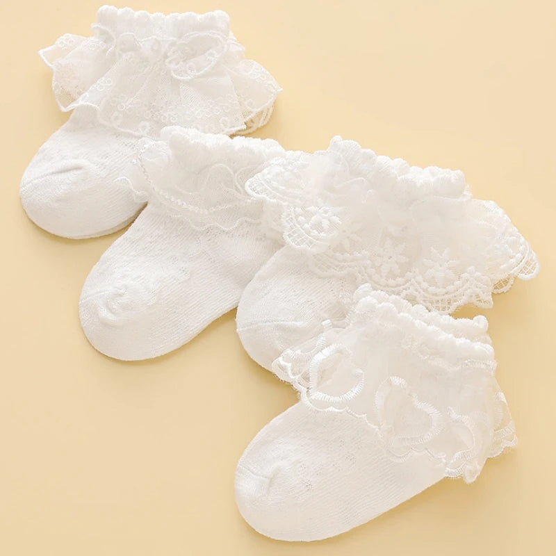 Calcetines florales de encaje de princesa para bebé, calcetines antideslizantes con volantes blancos bonitos para niñas pequeñas, calcetines de baile para niños, calcetines informales para pies infantiles