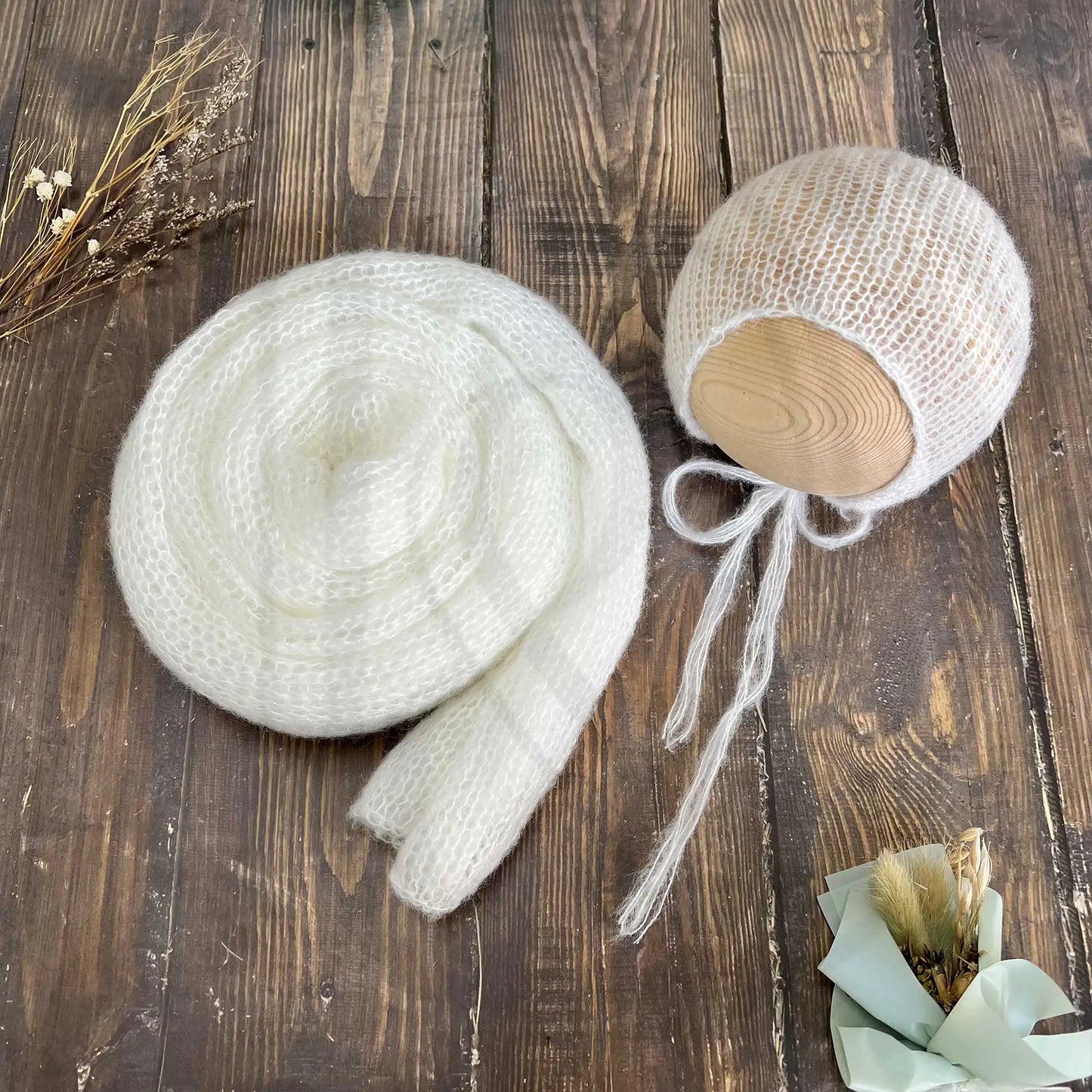 Accesorios de fotografía recién nacido elásticos Don & Judy, conjunto de envoltura con sombrero, Mohair tejido a mano suave, fondo para sesión de fotos de bebés, juegos de 2 uds.