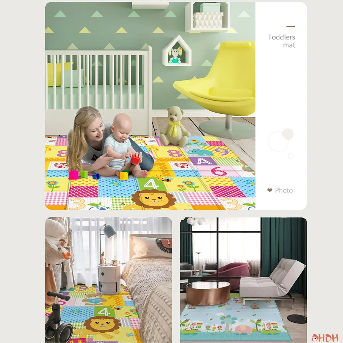 Alfombra de juego para bebés de 97x177cm, alfombra plegable para niños, alfombra para habitación de niños con patrón de doble cara, superficie de actividad educativa fácil de llevar