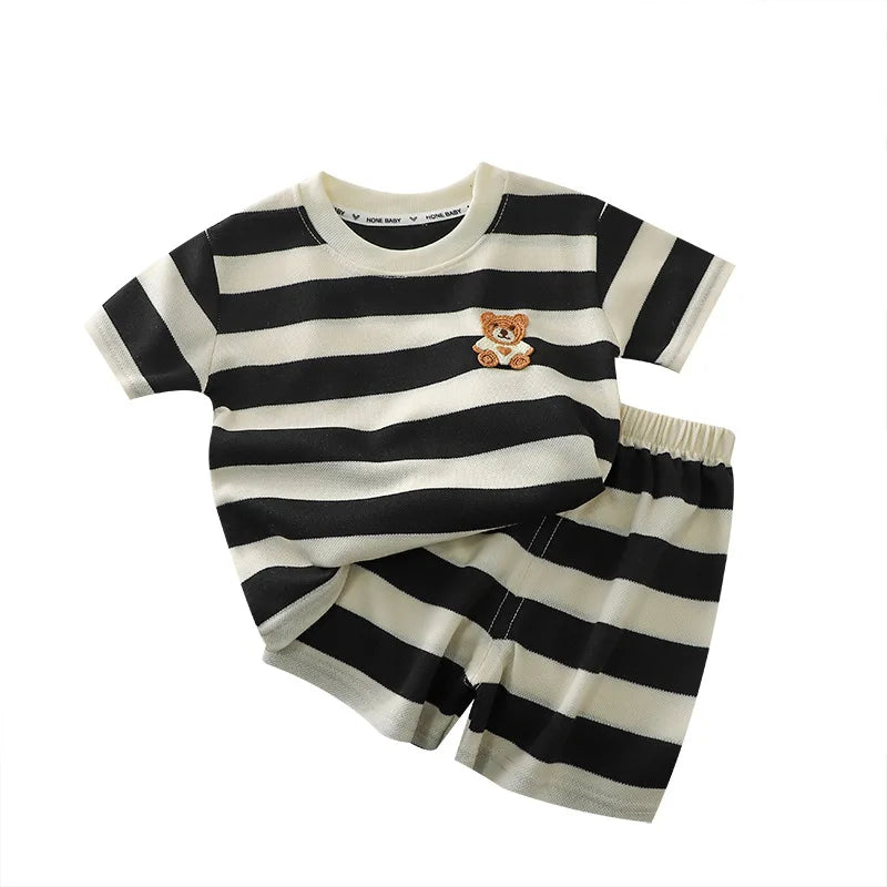 Ropa para niños, traje de manga corta para niños, Top a rayas + Pantalones cortos, camiseta de 2 piezas, ropa de verano para bebés, ropa para niños y niñas