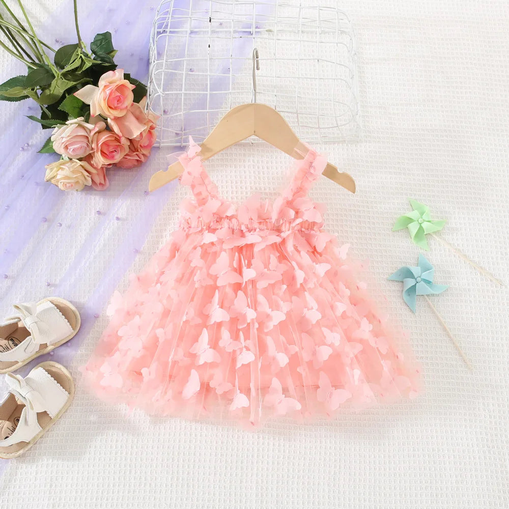 (0-3 años) novedad de verano, vestido para niñas, Color sólido, Halter, mariposa adornada, falda acampanada, vestido de princesa dulce de malla