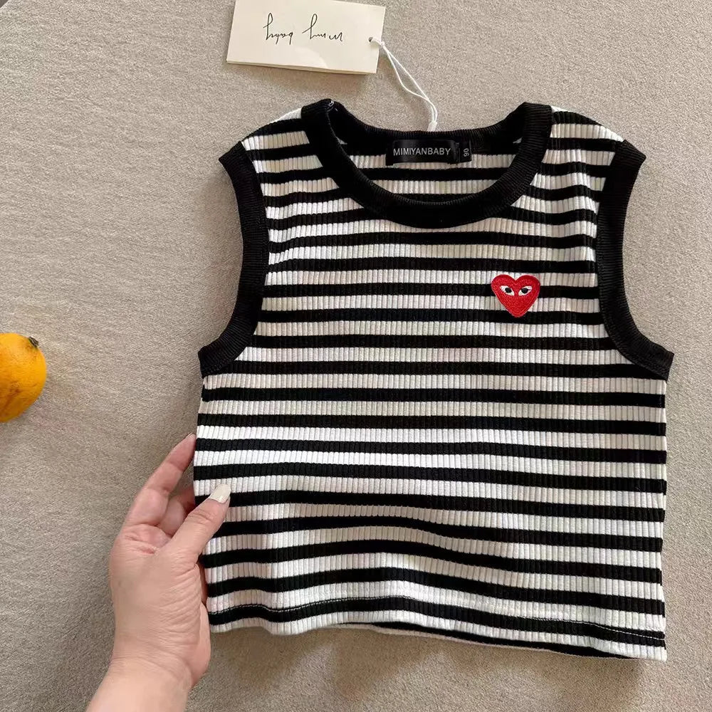 T2667, novedad de verano, chaleco sin mangas para niños, ropa de trabajo a rayas con corazón de amor para bebés, camiseta para niños pequeños de estilo fino