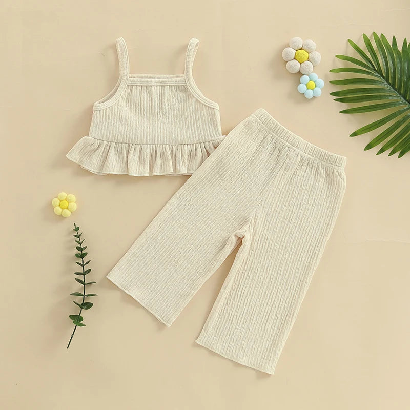 Pudcoco, conjunto de verano para niña pequeña con estampado de flores, tirantes finos con volantes, Tops sin mangas, pantalones de pierna ancha, conjunto de 2 uds 6M-4T