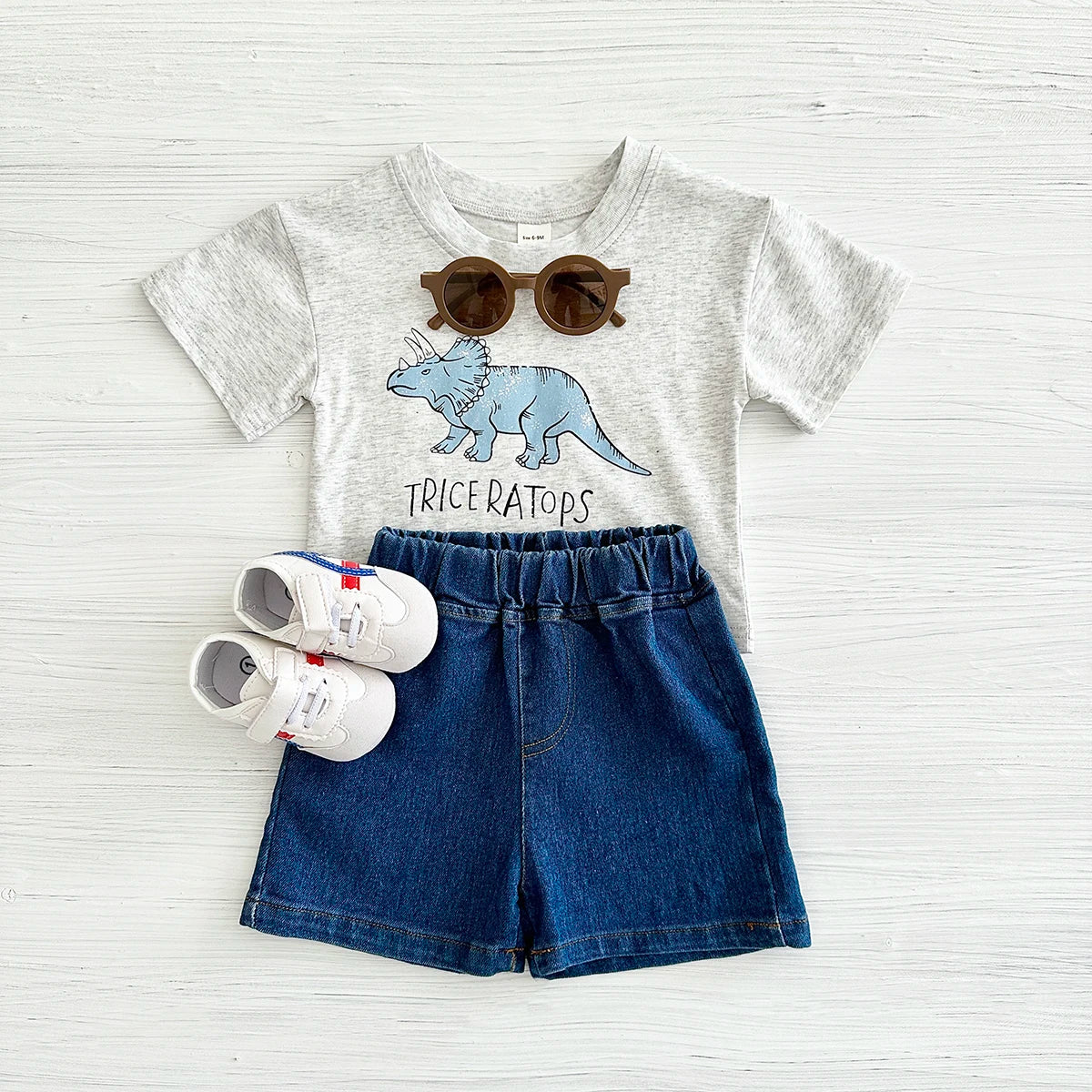 2024 Newborn Baby Boys Clothing Summer Set Cartoon Dinosaur Print Cotton Short Sleeved Denim Shorts Girl Clothes 0-3 Years