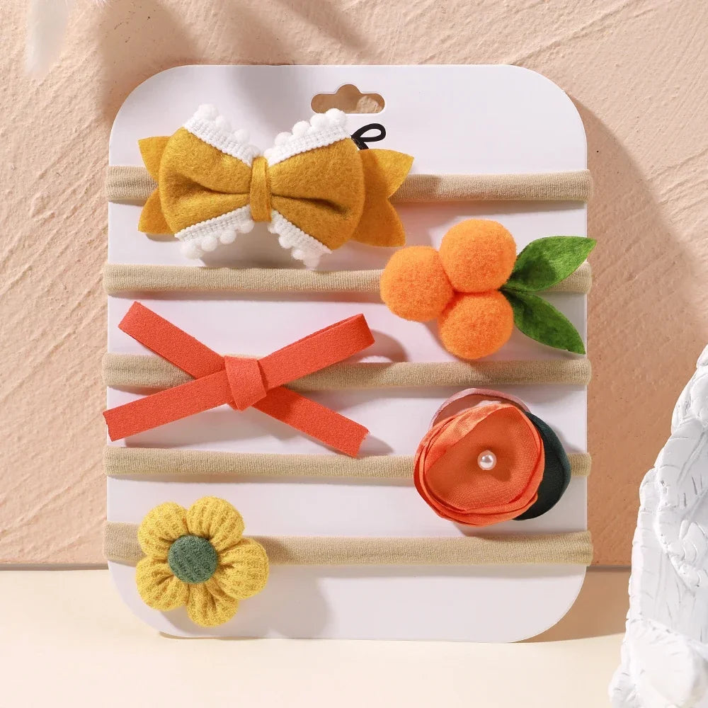 5 unids/lote, diadema elástica de nailon para bebé, banda para la cabeza con lazo de encaje y flores para recién nacido, accesorios suaves para el cabello para niña pequeña