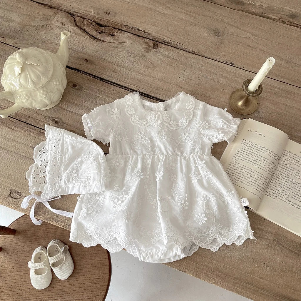 Vestido mameluco de algodón bordado de manga corta para niña recién nacida, falda de princesa para niña, ropa de bautismo para bebé