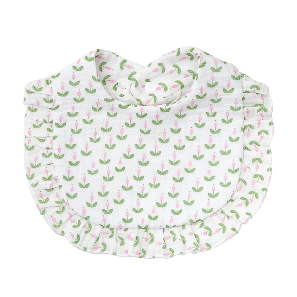 Baberos con estampado de flores para bebé, toalla de Saliva con broche ajustable, borde con volantes, paños para eructar de algodón y muselina, bufanda de alimentación para niñas de grado A de arcoíris