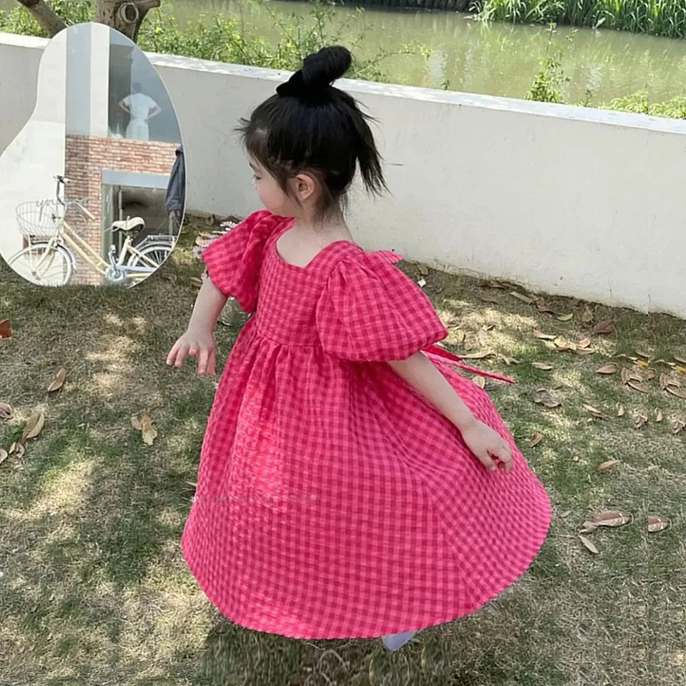 Bear Leader-vestido rosa a cuadros con lazo, elegante vestido Midi de Lolita para niñas grandes, vestidos para niños y adolescentes, vestido veraniego de princesa para fiesta