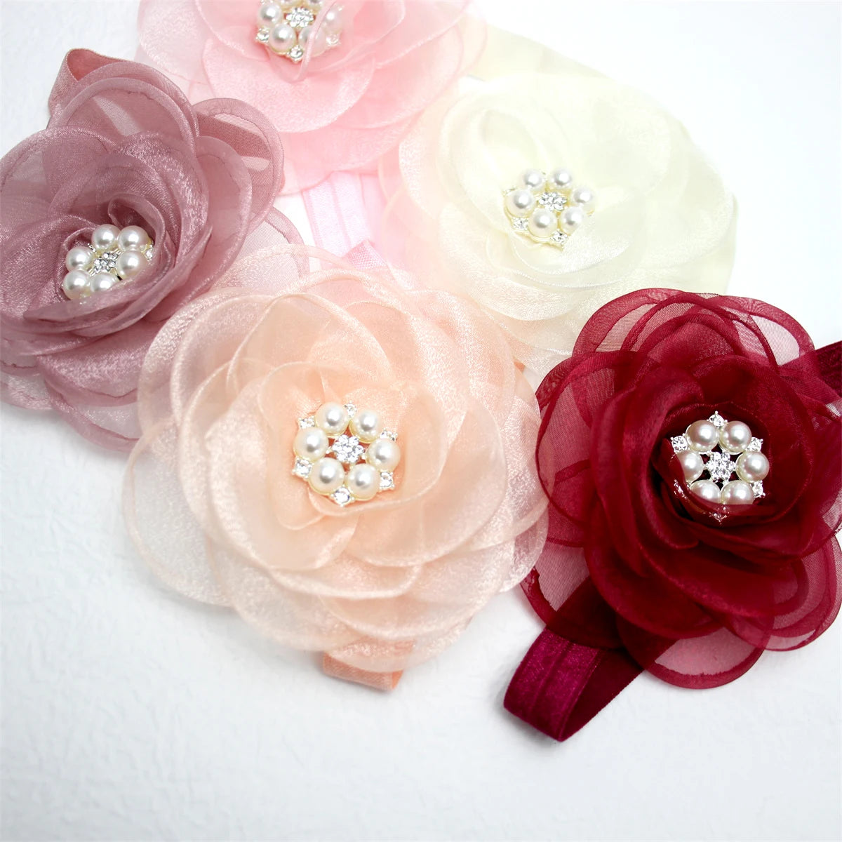 Boutique, diadema de flores de gasa de gran tamaño para niña, accesorios para el cabello, diadema de nailon con perlas de diamante para recién nacido, turbante para bebé bonito