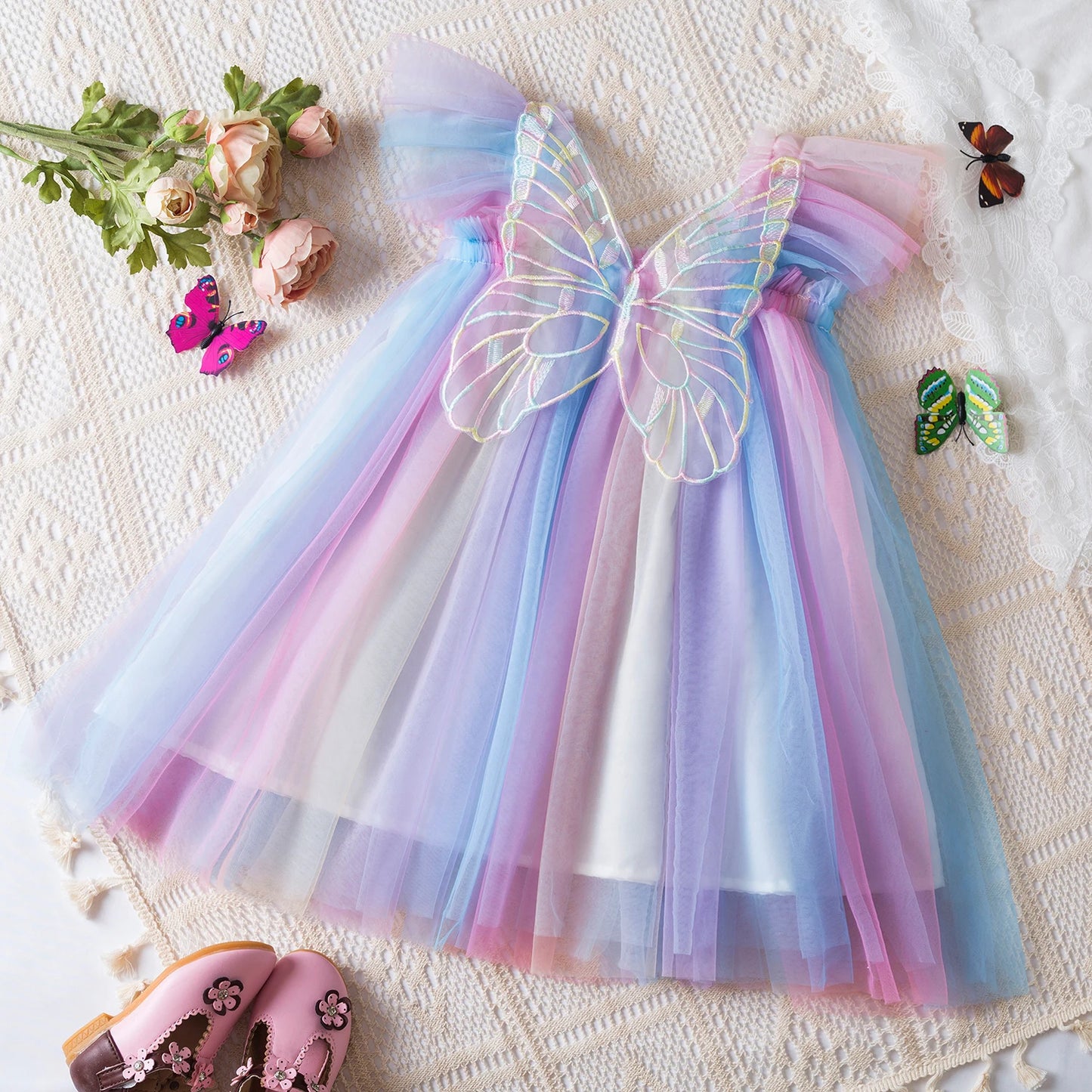 Vestido de verano para niñas pequeñas, tutú de malla hinchado, vestido con tirantes y bordado Floral de princesa, ropa de fiesta de cumpleaños para niñas pequeñas