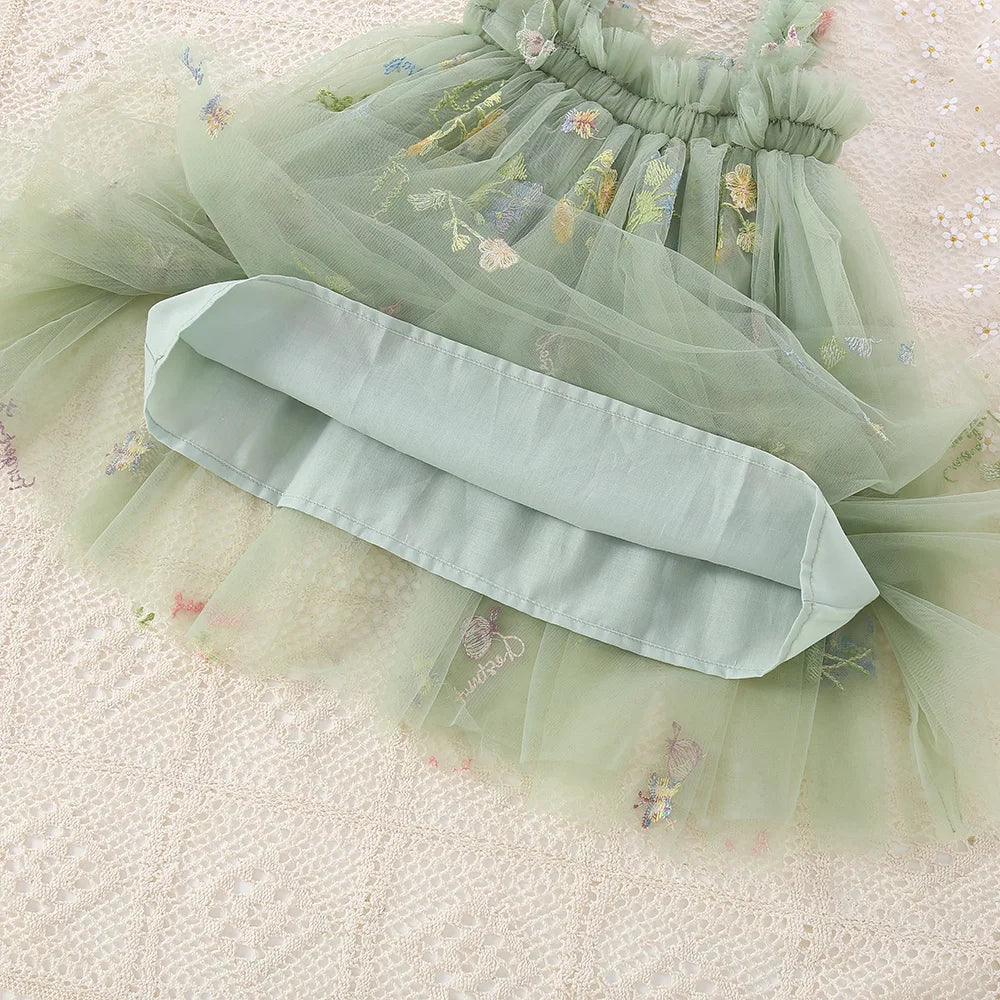 Lindo vestido de tirantes de malla para niñas pequeñas, vestido de princesa tutú de tul esponjoso, ropa informal de verano con bordado de flores para niñas pequeñas