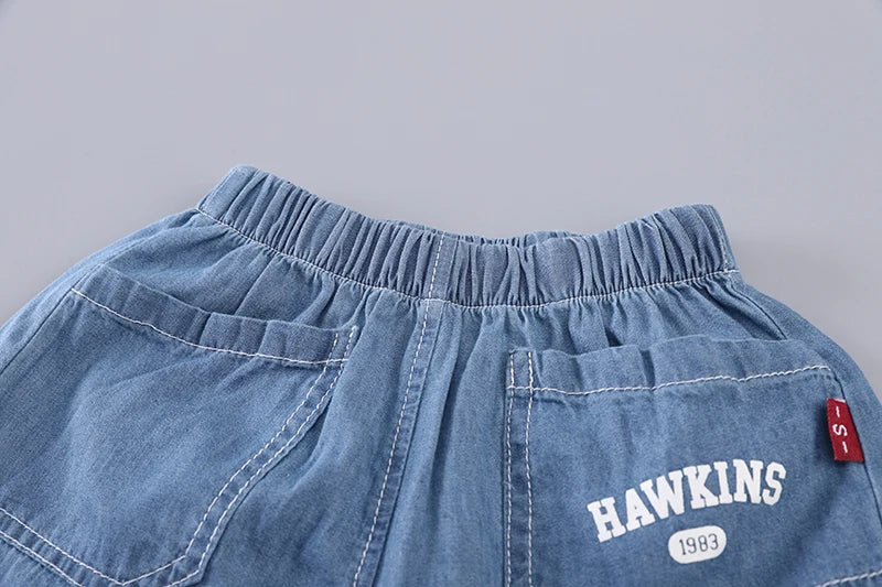 Nuevos conjuntos de ropa vaquera de verano para niños, camiseta Lerrer de dibujos animados a la moda para niños, pantalones cortos, 2 uds., trajes informales para bebés