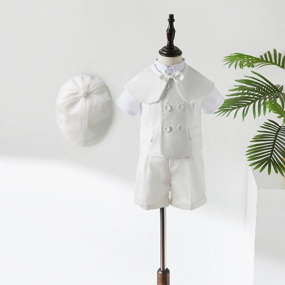 Trajes blancos para niños, vestido Formal de fiesta de bautismo a la moda, chaleco, chal, pantalones cortos, sombrero, conjuntos de 4 Uds., conjunto de ropa de Boutique de cumpleaños para niños