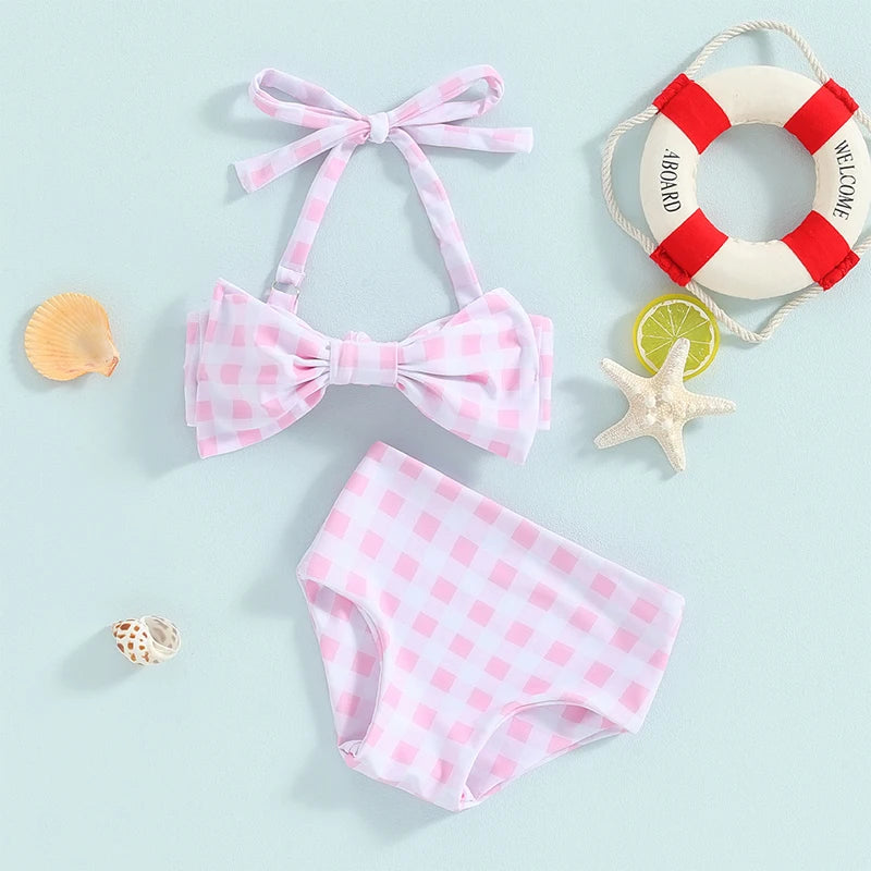 Conjunto de Bikini para niña pequeña, traje de baño de 2 piezas con cuello Halter, Bikini Floral sin mangas, Top anudado, pantalones cortos con estampado de flores a cuadros, 1-6T