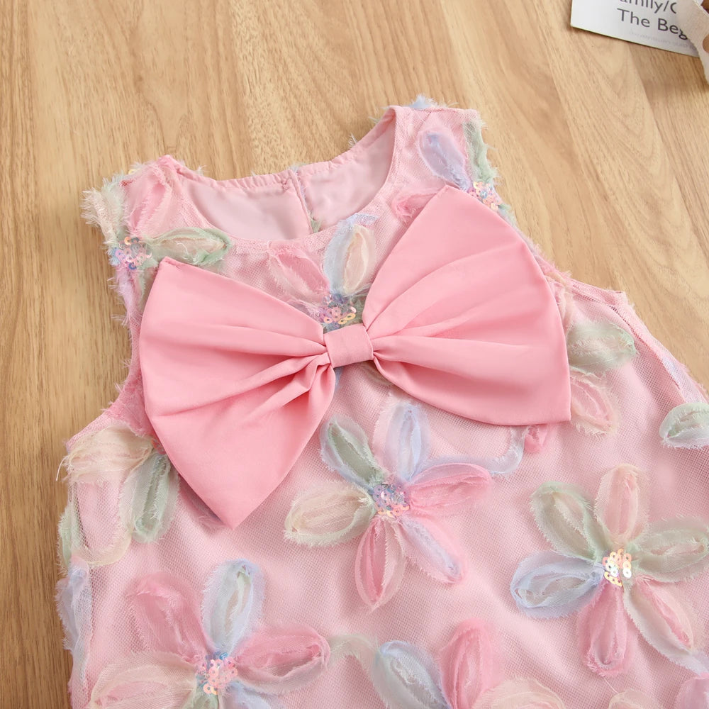 Vestido de verano para niña, vestido de princesa sin mangas a la moda de gasa de red Floral con lazo grande, vestidos informales para niñas de 3 a 7 años