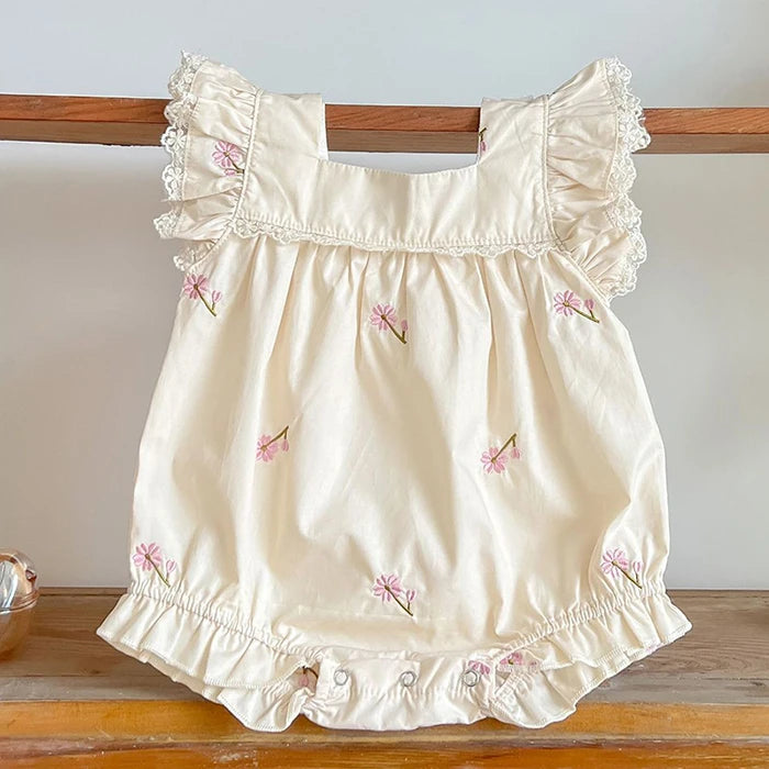 Mono para niñas recién nacidas, monos con bordado de flores de algodón y manga voladora, ropa para niñas pequeñas para verano