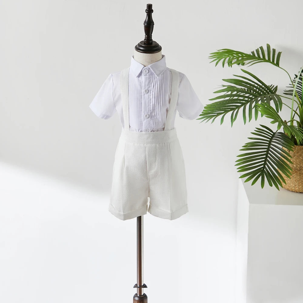 Trajes blancos para niños, vestido Formal de fiesta de bautismo a la moda, chaleco, chal, pantalones cortos, sombrero, conjuntos de 4 Uds., conjunto de ropa de Boutique de cumpleaños para niños