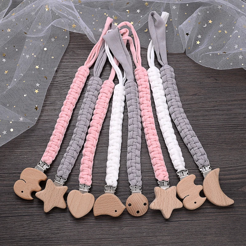 Cadena de chupete de bebé de tela de algodón de ganchillo Simple, Clip de madera de haya con forma de corazón y Luna para bebé hecho a mano, cadena para chupete, juguete para la dentición