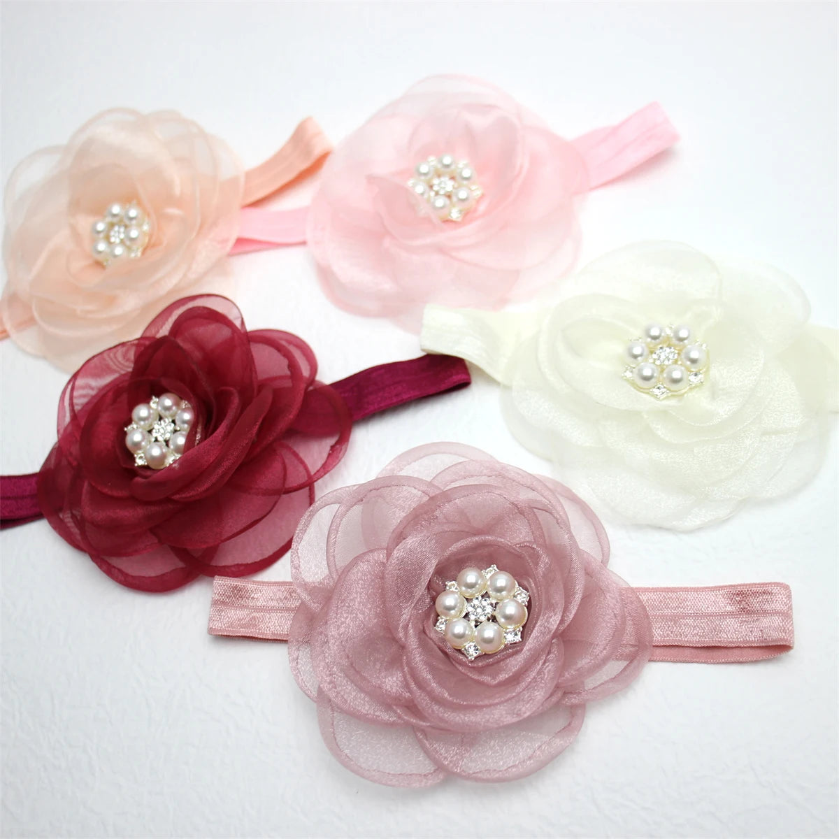 Boutique, diadema de flores de gasa de gran tamaño para niña, accesorios para el cabello, diadema de nailon con perlas de diamante para recién nacido, turbante para bebé bonito