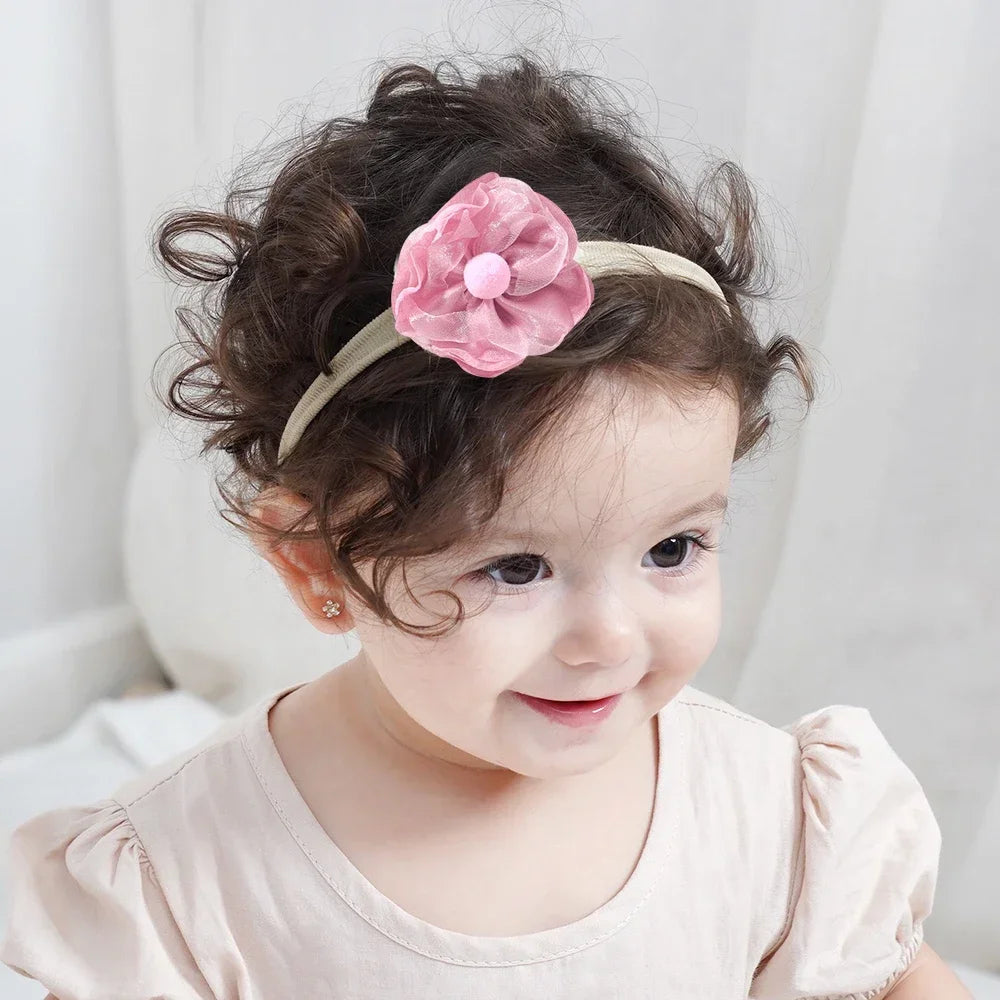 5 unids/lote, diadema elástica de nailon para bebé, banda para la cabeza con lazo de encaje y flores para recién nacido, accesorios suaves para el cabello para niña pequeña