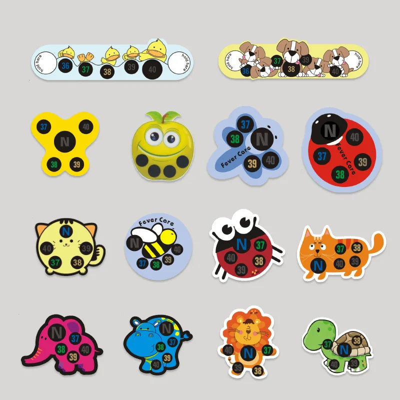 10 Uds. De pegatinas de animales de dibujos animados para bebé, tira para la cabeza y la frente, termómetro para la fiebre corporal, termómetro de seguridad para el cuidado del bebé para niños