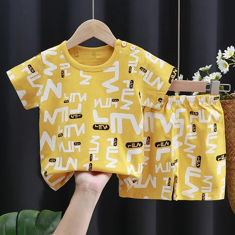 2025 New Korean Style Kids Cotton Short Sleeve Outfits Summer Girls Boys T-shirts Two-Piece Set Baby Infant Clothes