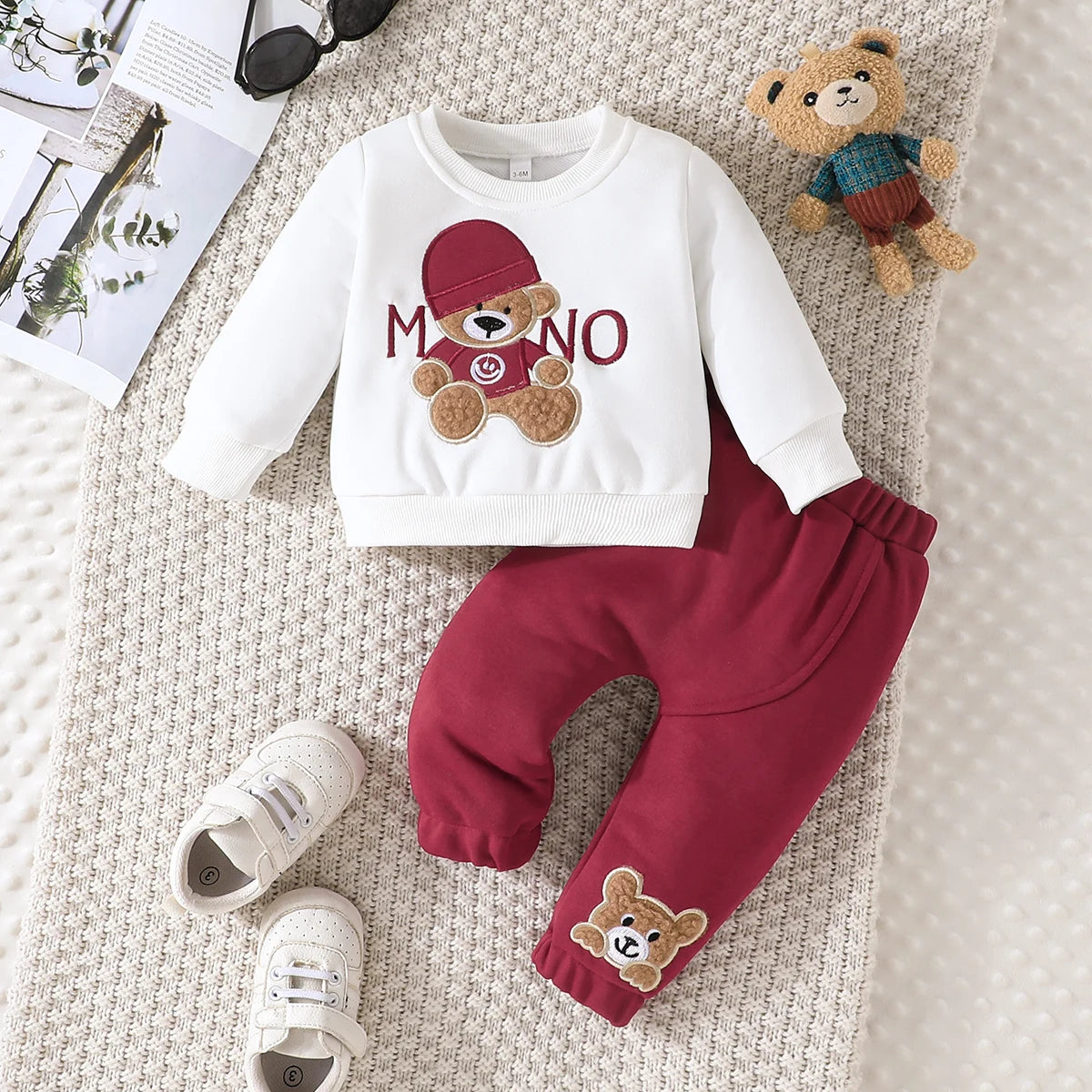 Terno para niño de 3 a 24 meses, camiseta de manga larga con estampado de oso de dibujos animados, pantalones azul marino, conjunto de ropa infantil