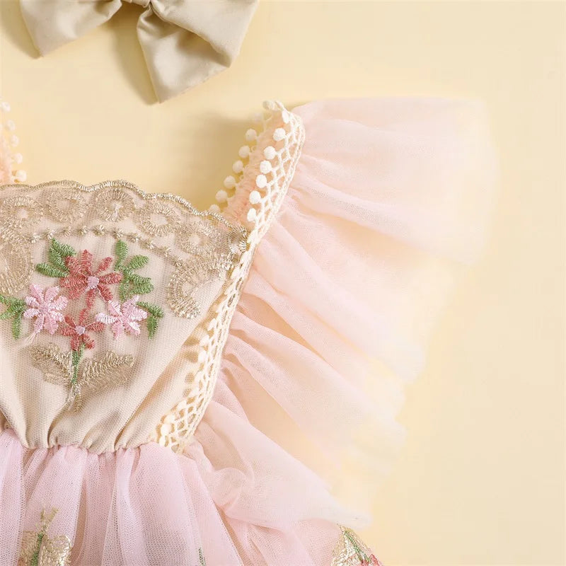 Pudcoco-traje para niña recién nacida, mameluco de manga con mosca de flores bordadas, diadema con lazo, ropa de verano de 0 a 24 meses