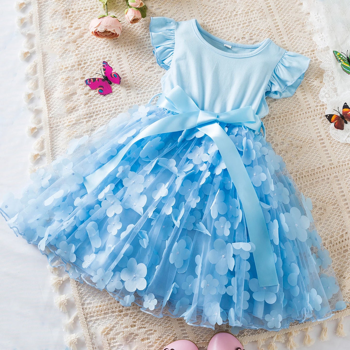 2024 New Summer Dress for Girls 2 to 6 Yrs Butterfly Cute Kid's Birthday Princess Dress Solid Elegant Wedding Party Dress