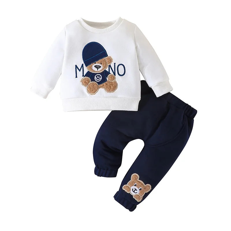 Terno para niño de 3 a 24 meses, camiseta de manga larga con estampado de oso de dibujos animados, pantalones azul marino, conjunto de ropa infantil