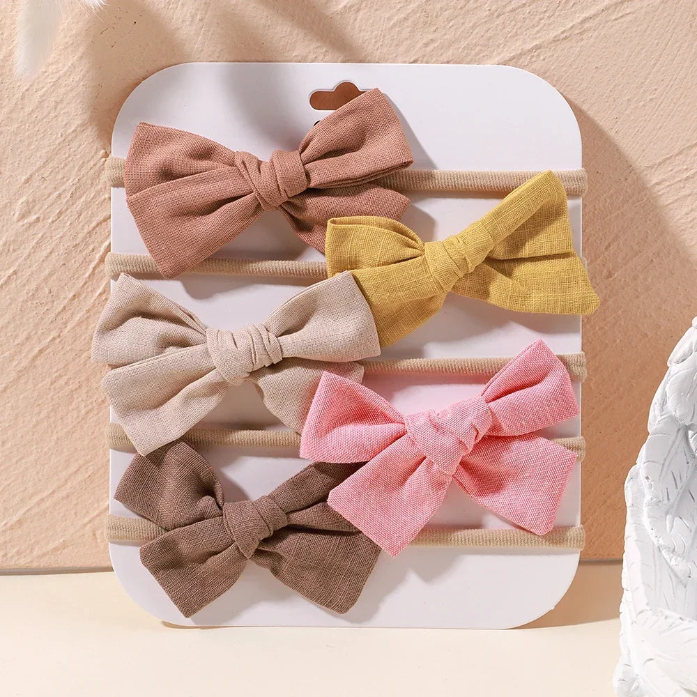 5 unids/lote, diadema elástica de nailon para bebé, banda para la cabeza con lazo de encaje y flores para recién nacido, accesorios suaves para el cabello para niña pequeña