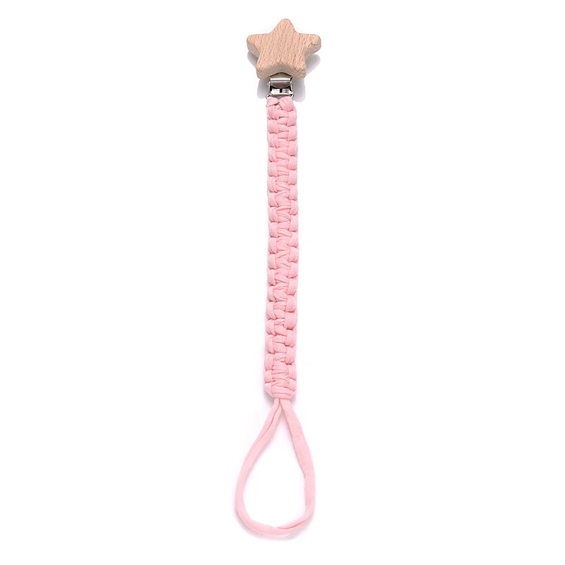 Cadena de chupete de bebé de tela de algodón de ganchillo Simple, Clip de madera de haya con forma de corazón y Luna para bebé hecho a mano, cadena para chupete, juguete para la dentición