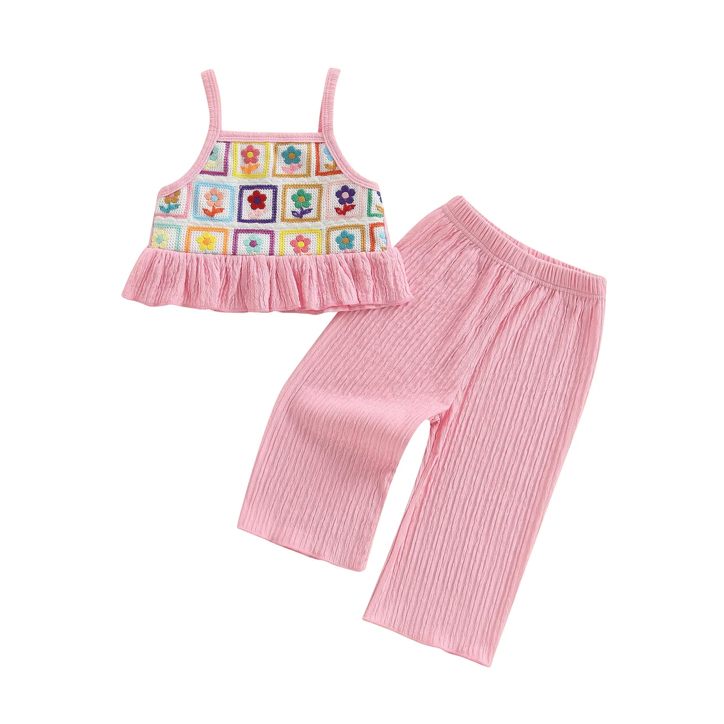Pudcoco, conjunto de verano para niña pequeña con estampado de flores, tirantes finos con volantes, Tops sin mangas, pantalones de pierna ancha, conjunto de 2 uds 6M-4T