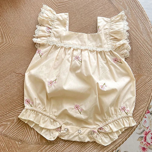 Mono para niñas recién nacidas, monos con bordado de flores de algodón y manga voladora, ropa para niñas pequeñas para verano