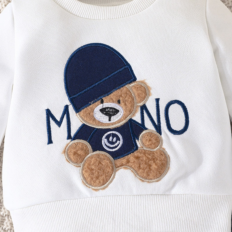 Terno para niño de 3 a 24 meses, camiseta de manga larga con estampado de oso de dibujos animados, pantalones azul marino, conjunto de ropa infantil
