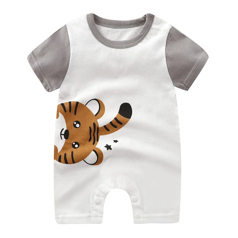 Nueva ropa de verano para bebés recién nacidos, niños y niñas, sección de impresión de dibujos animados de manga corta, ropa de escalada con archivo abierto, mono para bebé