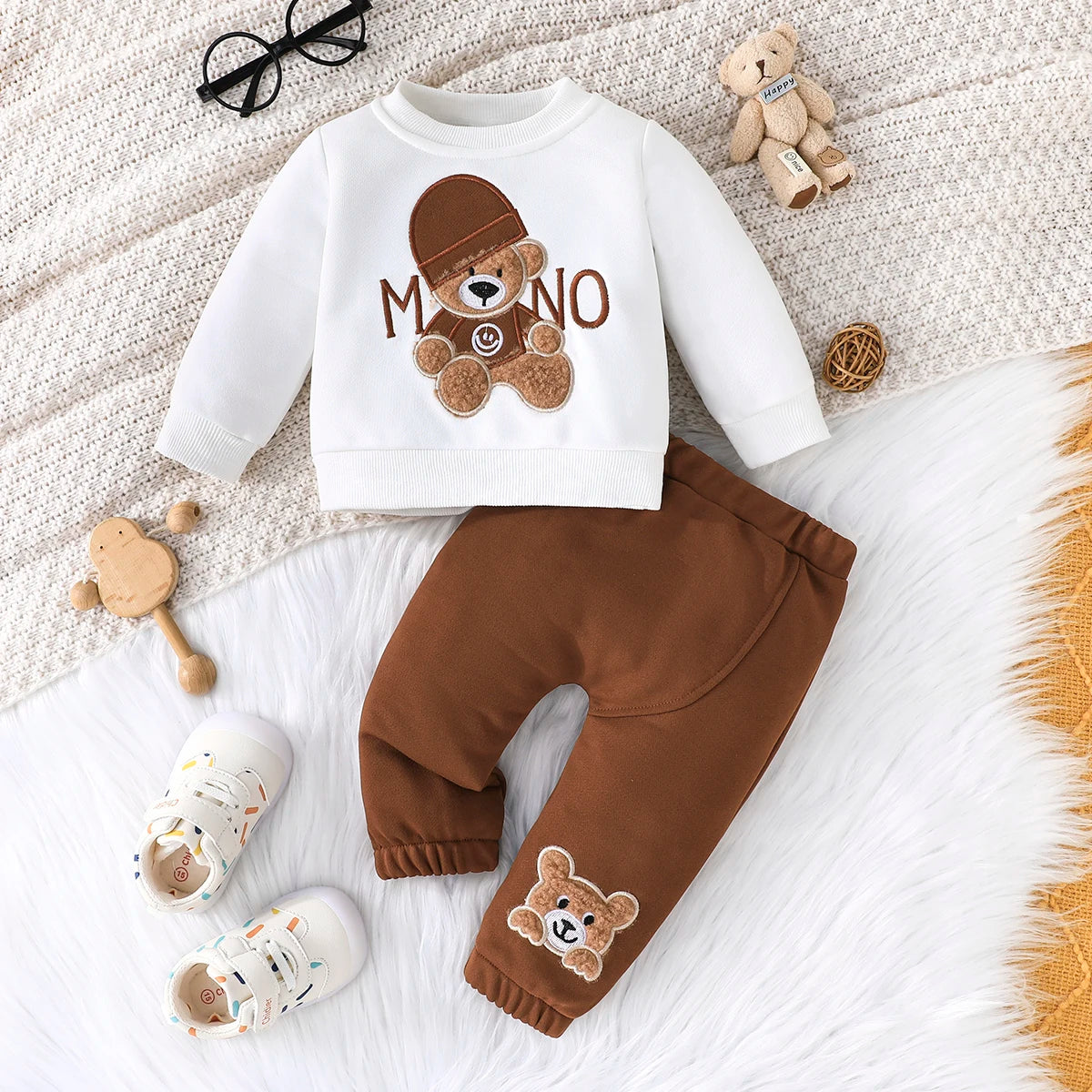 Terno para niño de 3 a 24 meses, camiseta de manga larga con estampado de oso de dibujos animados, pantalones azul marino, conjunto de ropa infantil