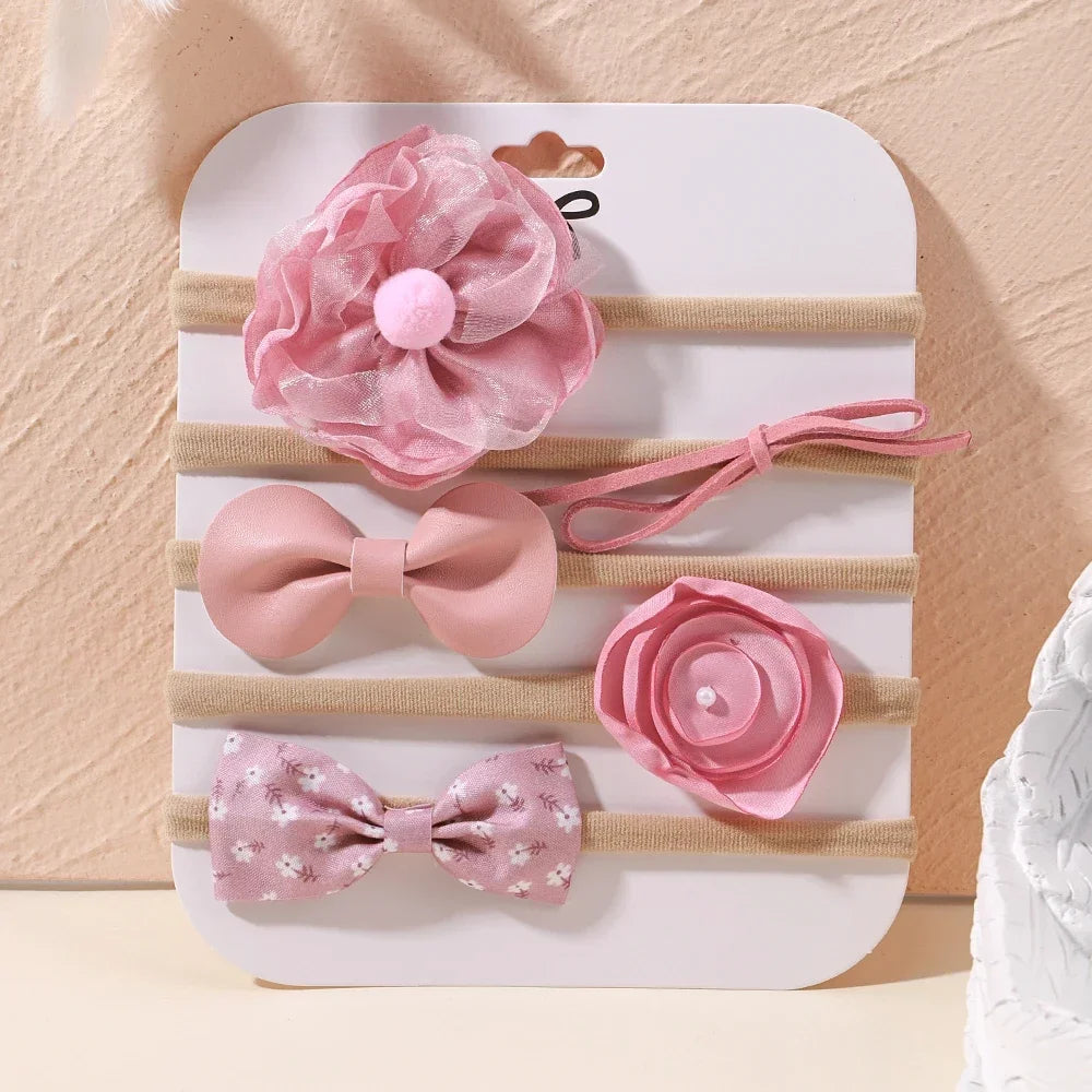 5 unids/lote, diadema elástica de nailon para bebé, banda para la cabeza con lazo de encaje y flores para recién nacido, accesorios suaves para el cabello para niña pequeña