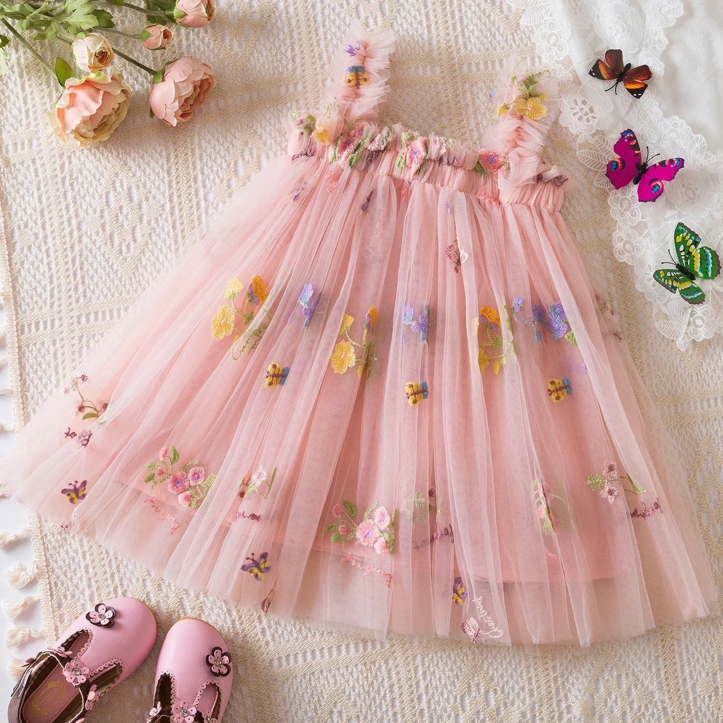 Toddler Baby Girls Summer Dress Puffy Mesh Tutu Princess Floral Embroidery Suspender Dress Baby Girls Birthday Party Clothes
