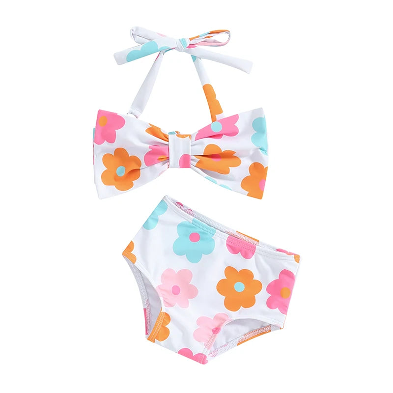 Conjunto de Bikini para niña pequeña, traje de baño de 2 piezas con cuello Halter, Bikini Floral sin mangas, Top anudado, pantalones cortos con estampado de flores a cuadros, 1-6T